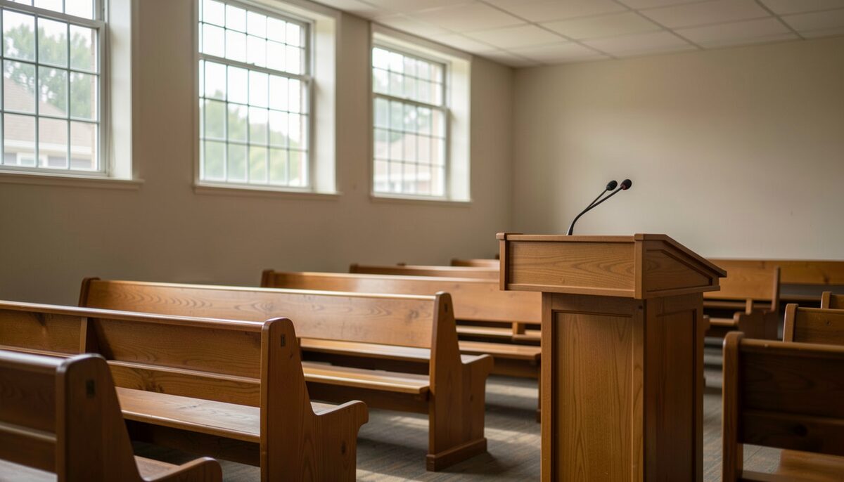 Interior of a modest meeting hall with wooden benches and a plain podium lit by daylight from high windows