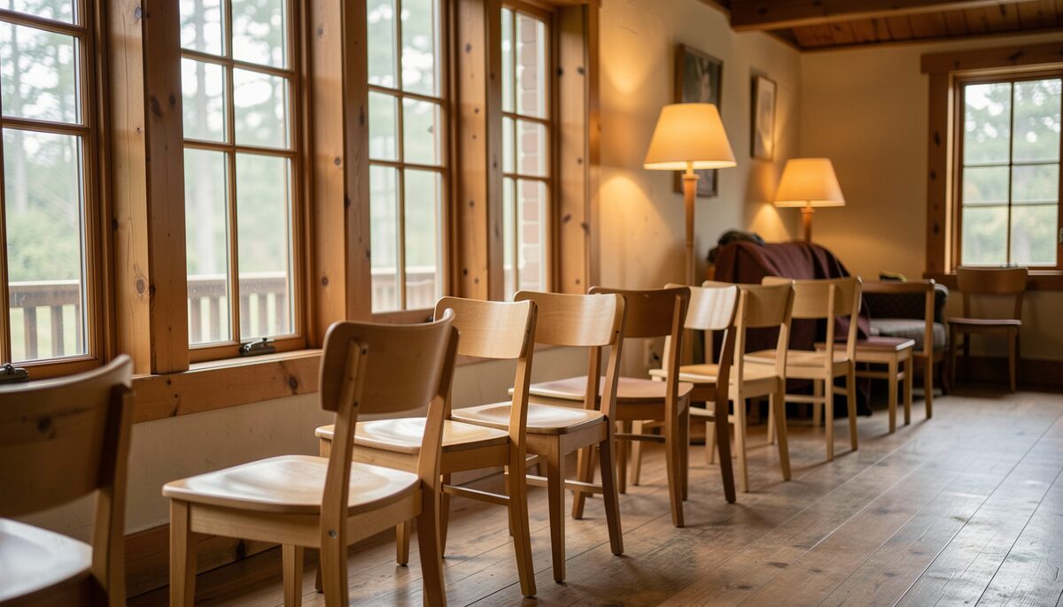 Row of simple wooden chairs arranged along a lodge room with tall windows and warm lamp light on the floor