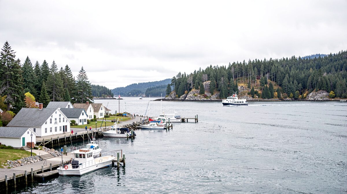 Small harbour village in the San Juan Islands with white clapboard halls, a wooden dock, moored boats and a ferry crossing calm water under overcast light